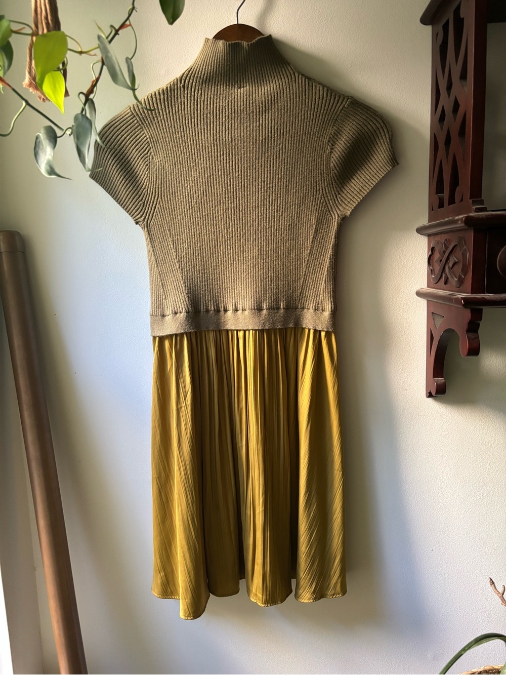 Anthropologie Two-Tone Knit Top & Pleated Skirt Dress - Olive & Mustard